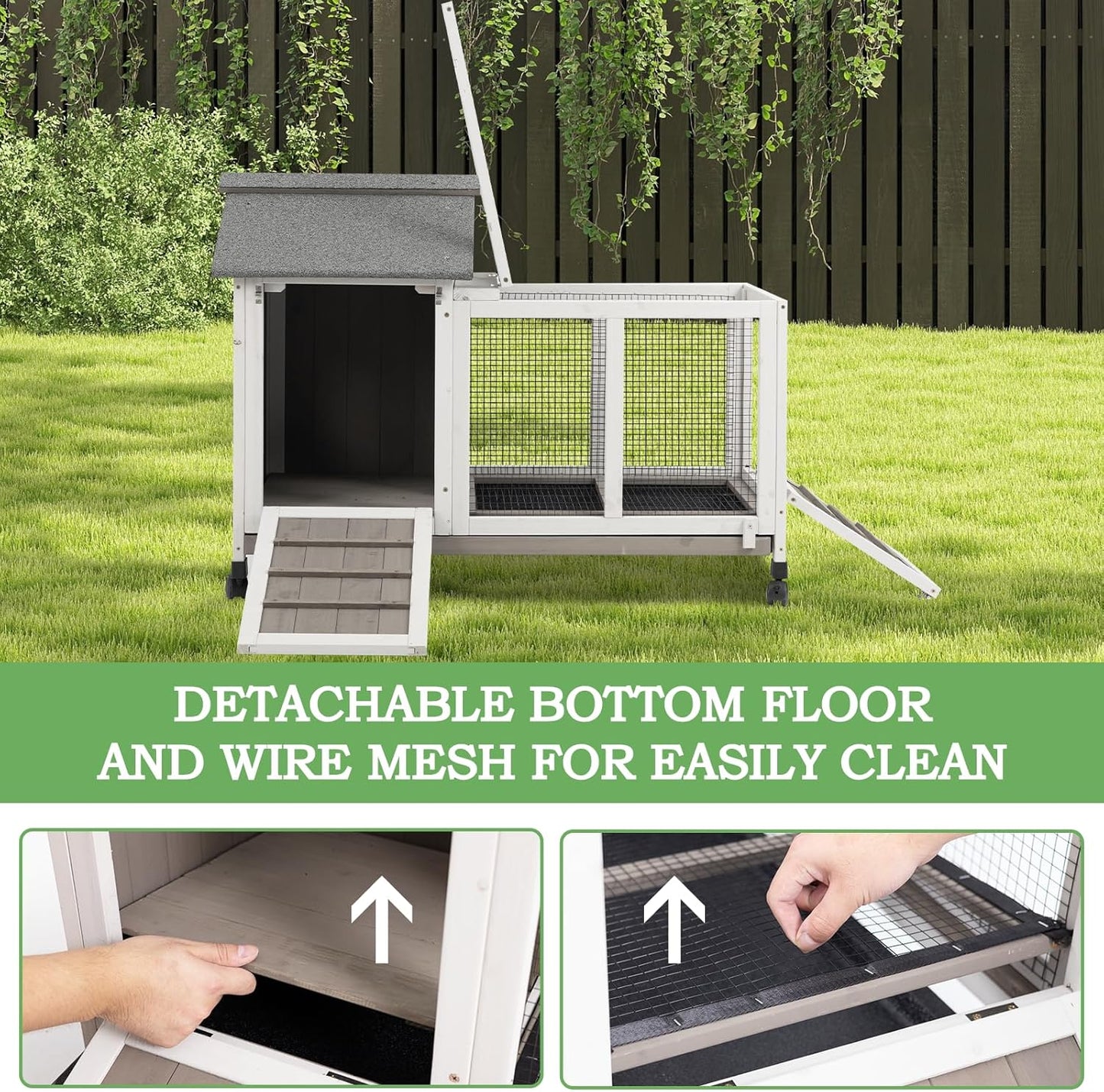 38.19"L Rabbit Hutch Indoor and Outdoor with 4 Wheels,Wooden Rabbit Cage with Pull Out Leak-Proof Tray for 1-2 Rabbits,Bunny Hutch with Asphalt Roof Suitable for Garden,Park,Living Room,Grey