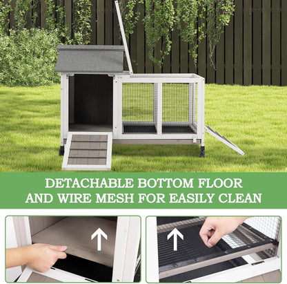 38.19"L Rabbit Hutch Indoor and Outdoor with 4 Wheels,Wooden Rabbit Cage with Pull Out Leak-Proof Tray for 1-2 Rabbits,Bunny Hutch with Asphalt Roof Suitable for Garden,Park,Living Room,Grey