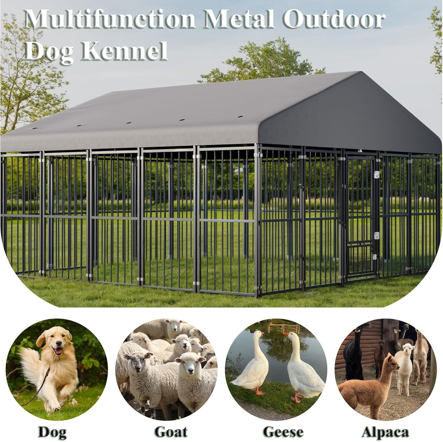 10x14FT Outdoor Dog Kennel, Heavy Duty Dog Run Enclosure with Feeding Door, Large Outside Dog Kennel with Roof & Double Locks for Pets House