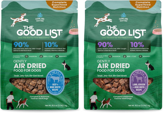 Farmland Traditions The Good List Air-Dried Dog Food with Beef & Bone Broth (2.2 lb) & Lamb, Venison & Bone Broth (2.2 lb) Bundle, High-Protein & Grain-Free