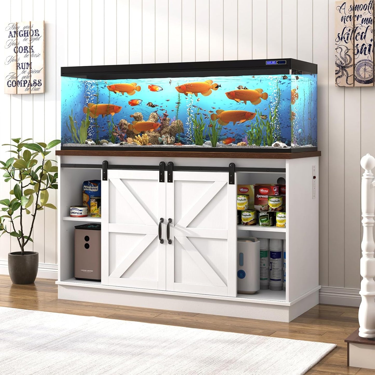 Farmhouse 55-75 Gallon Fish Tank Stand with Power Outlet, Aquarium Stand w/Cabinet&Sliding Barn Door, Heavy Duty Reptile Tank Stand for Fish/Turtle/Reptile Terrarium, 880LBS Capacity, White