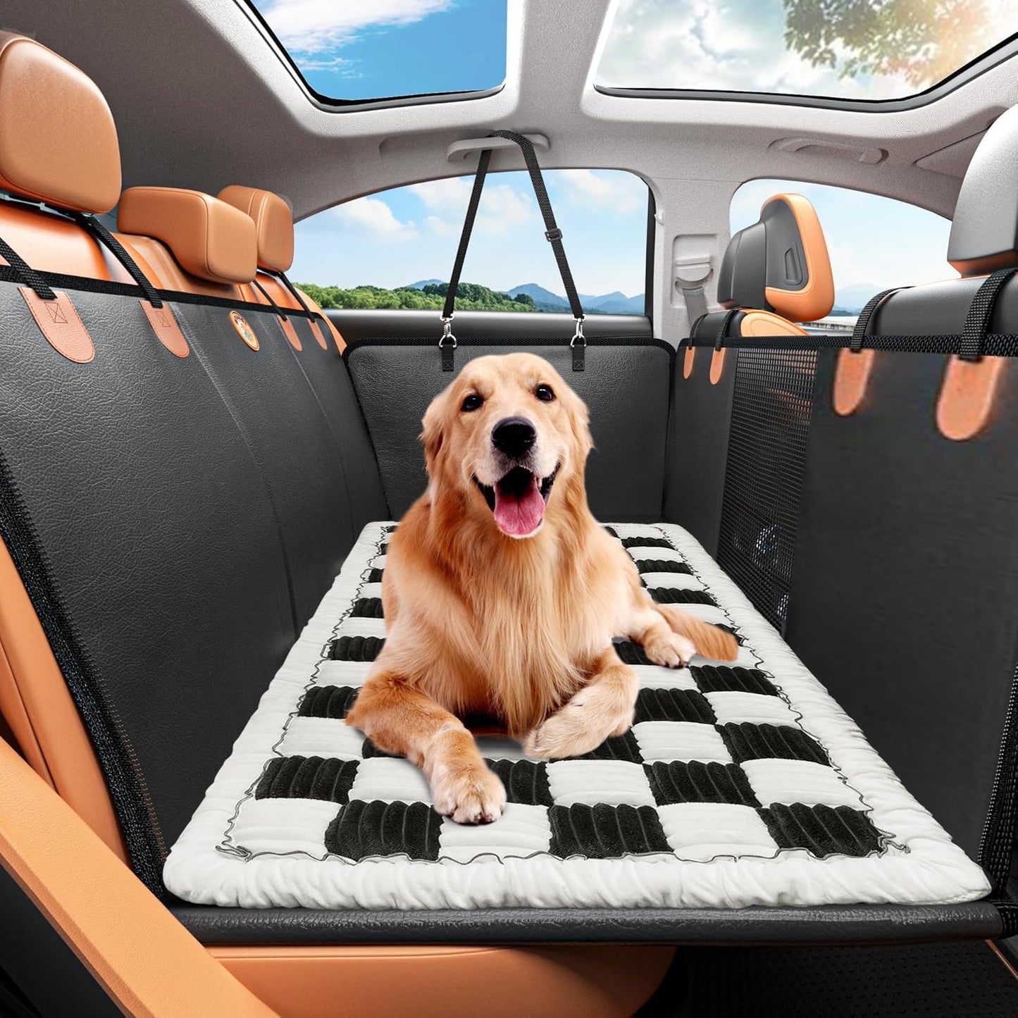 Backseat Pet Bed Mat,Dog Bed for Car,Dog Seat Cover for Car Back Seat, Non-Slip Travel Pet Mat, Fit for Backseat Extenders and Seat Covers (Black&White)