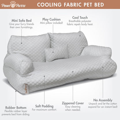 Paws & Purrs Cooling Pet Sofa Bed for Small Dogs or Cats, Breathable Fabric, Supportive Bolsters, Removable Washable Cover, Non-Slip Base, Sofa Pet Lounger Includes Mini Play Cushion, Light Gray