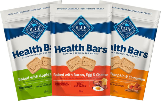 Blue Buffalo Health Bars Crunchy Dog Biscuits, Variety Pack, Bacon, Egg & Cheese, Apple & Yogurt, Pumpkin & Cinnamon, 16-oz Bags