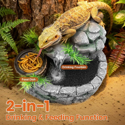 MIXJOY 2 in 1 Reptile Water Fountain with Food Dish 550ML, Terrarium Reptile Waterfall Drinking Fountain, Reptile Water Dispenser for Bearded Dragon Gecko Tree Frog Turtle Chameleon Leopard Lizard