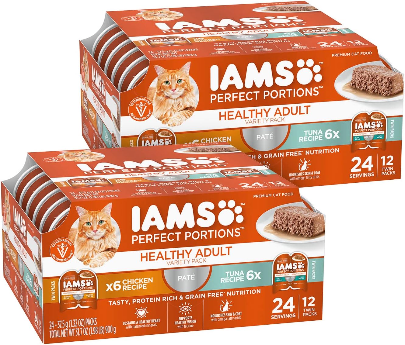 IAMS Perfect Portions Healthy Adult Wet Cat Food Pate, Chicken and Tuna Recipe Variety Pack, Easy Peel Twin-Pack Trays (12 Count, 24 Servings) (Pack of 2)