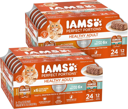 IAMS Perfect Portions Healthy Adult Wet Cat Food Pate, Chicken and Tuna Recipe Variety Pack, Easy Peel Twin-Pack Trays (12 Count, 24 Servings) (Pack of 2)