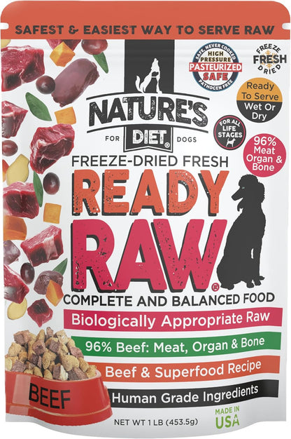 Nature's Diet® Ready Raw® Freeze-Dried Raw Dog Food, Beef, Human Grade, High Pressure Pasteurized (HPP), 96% Meat, Organ, Bone, Safe & Natural, Dry or Wet Feeding