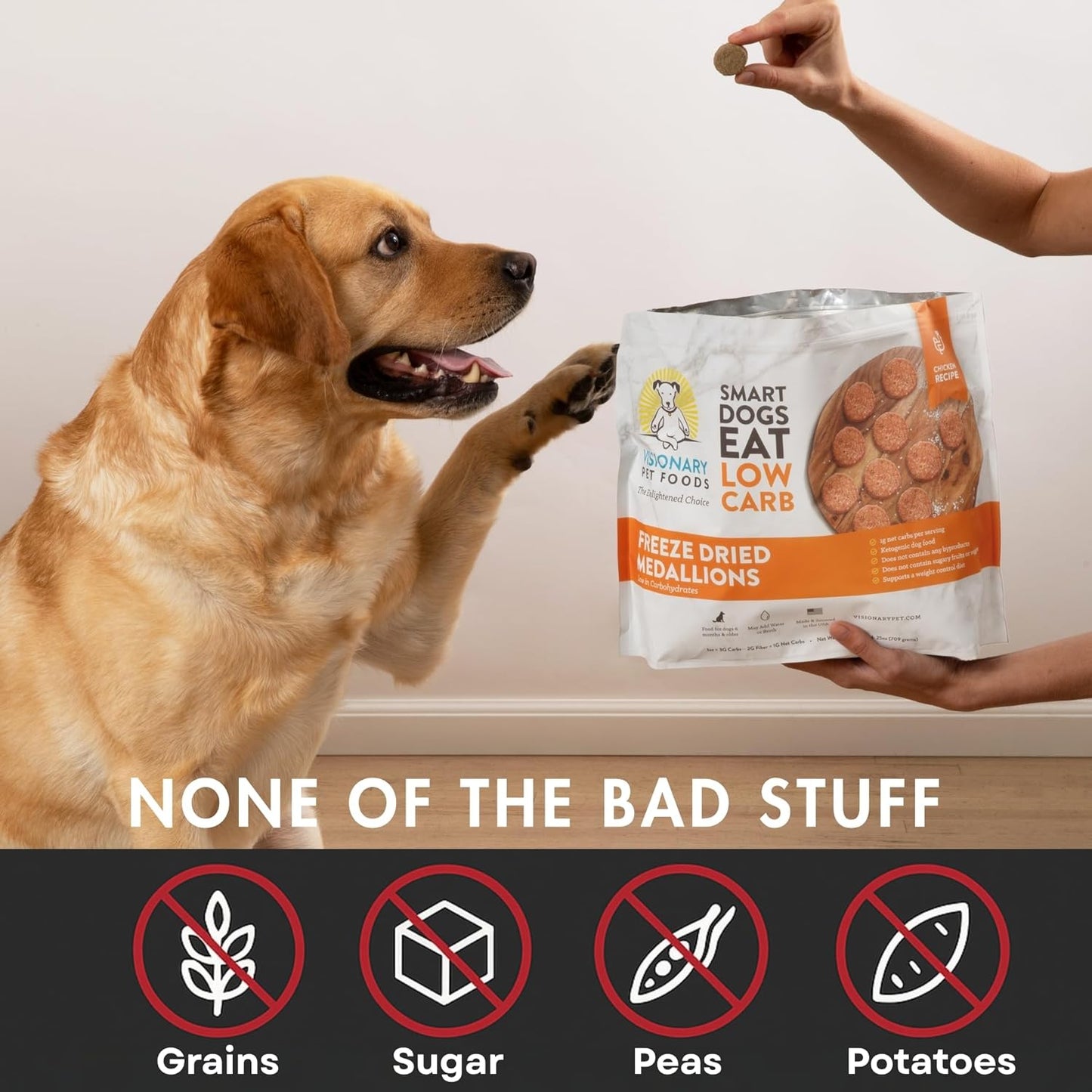 Visionary Pet Foods Low Carb Keto Dog Food <1g Net Carbs Freeze Dried Chicken Diabetic Friendly Made in USA 155 Medallions