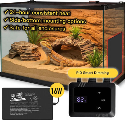 Reptile Heat Pad 16W with PID Dimming Thermostat, Adjustable Thermostat Heating Pad for Reptile Tank, Lizard, Snake, Bearded Dragon, Hermit Crab, Terrarium Heating Mat for Reptiles