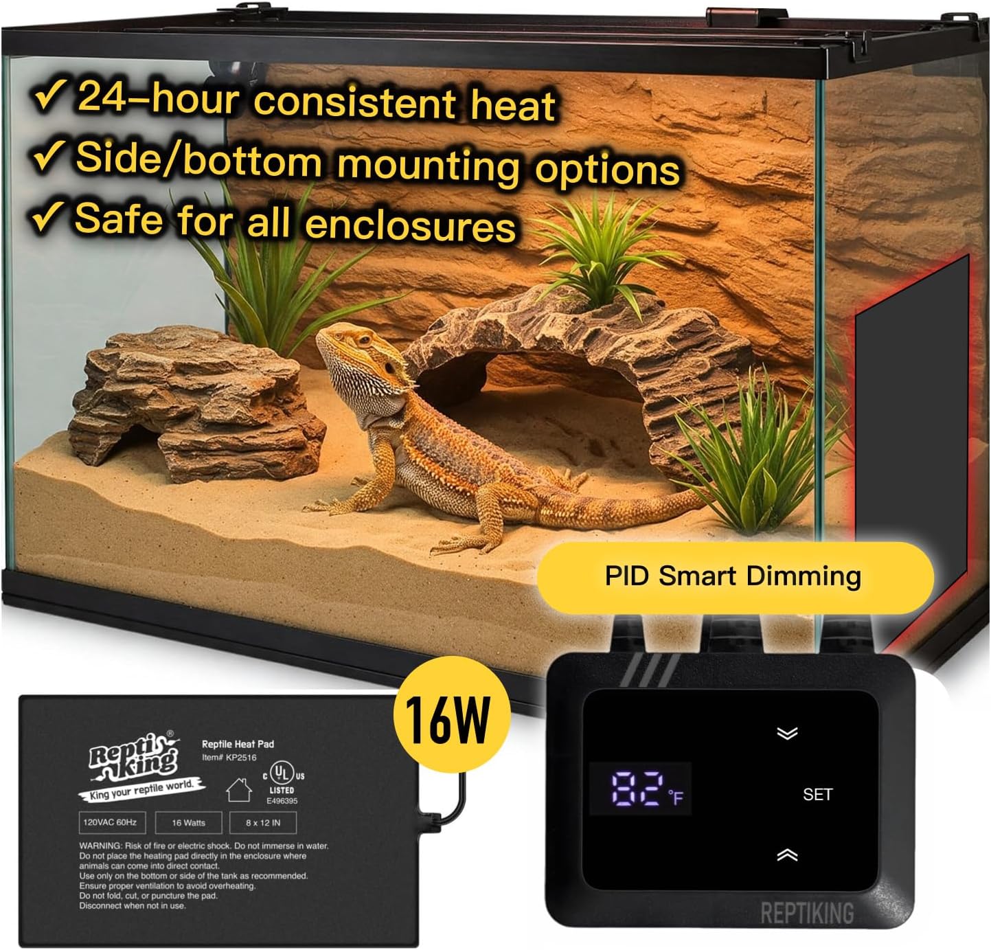 Reptile Heat Pad 16W with PID Dimming Thermostat, Adjustable Thermostat Heating Pad for Reptile Tank, Lizard, Snake, Bearded Dragon, Hermit Crab, Terrarium Heating Mat for Reptiles