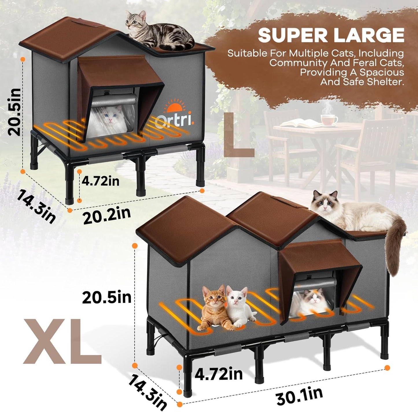 Outdoor Heated Cat House for Outside: Winter Insulated Weatherproof 20"×14.3"×20.5" Shelter with Heating Pad for Feral Kitty Foldable Out Door Elevated Warm Pet Bed with Extra Large Warming Cathouse