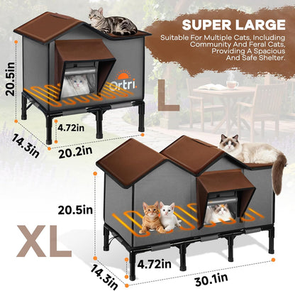 Outdoor Heated Cat House for Outside: Winter Insulated Weatherproof 20"×14.3"×20.5" Shelter with Heating Pad for Feral Kitty Foldable Out Door Elevated Warm Pet Bed with Extra Large Warming Cathouse