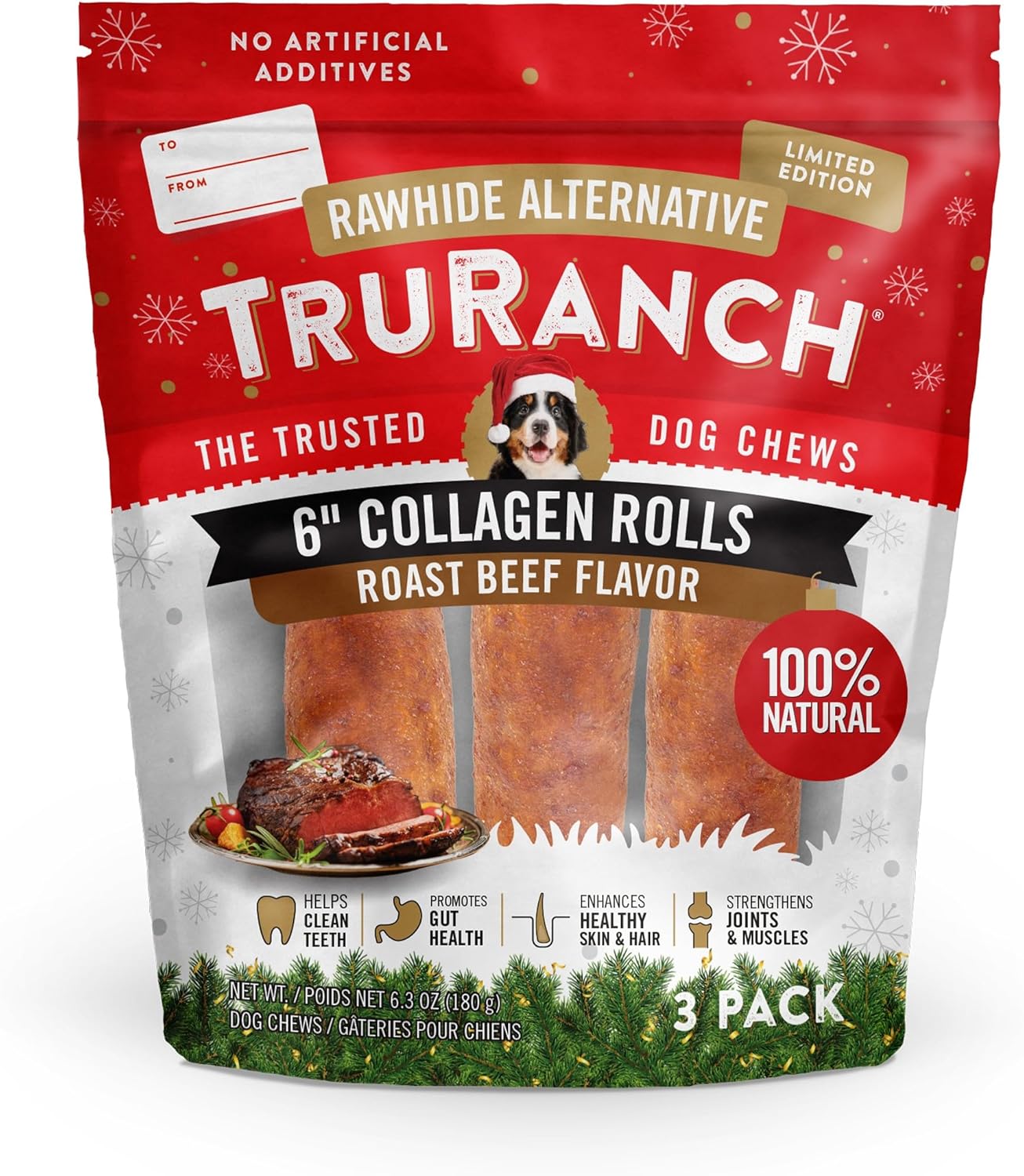 TRURANCH 6" Collagen Rolls, Roast Beef, 1 Bag, 3 Count, Holiday Limited Edition, Stocking Stuffer All-Natural Hydrolyzed Collagen, Rawhide Free, for Small, Medium and Large Dogs