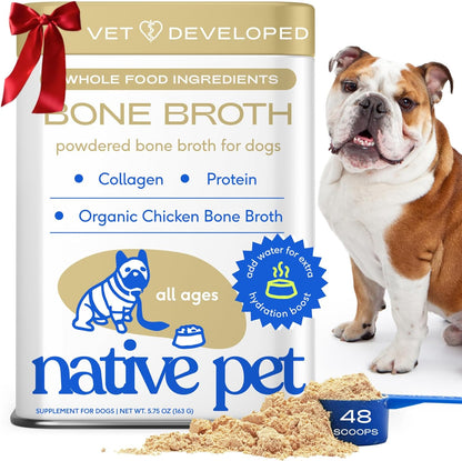 Native Pet Bone Broth for Dogs and Cats - Chicken Bone Broth Powder Dog Food Toppers for Picky Eaters - Provides Extra Nutrition for Joint Strength, Immune Support & Heart Health - 48 Scoops