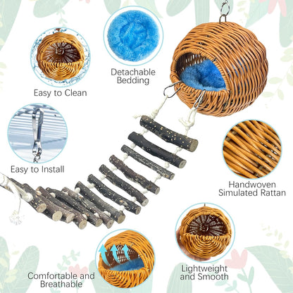 VCEPJH Rattan Bird Nest Hut with Ladder Hanging Bird House for Cage Parakeet Breeding Nest Paly Ground Hideaway for Budgies Conure Finch Cockatiel Parrot Lovebird