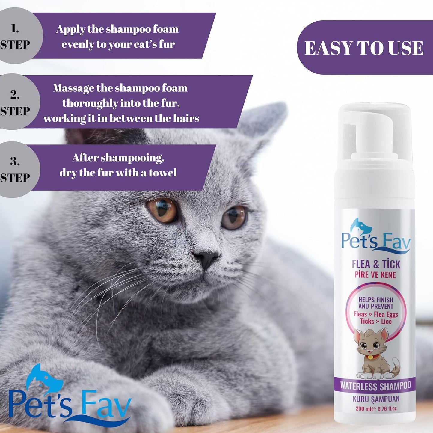 Flea & Tick Waterless Cat Shampoo - Natural Dry Foam for Cats & Kittens