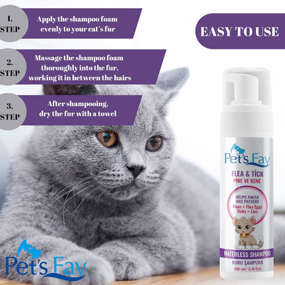 Flea & Tick Waterless Cat Shampoo - Natural Dry Foam for Cats & Kittens