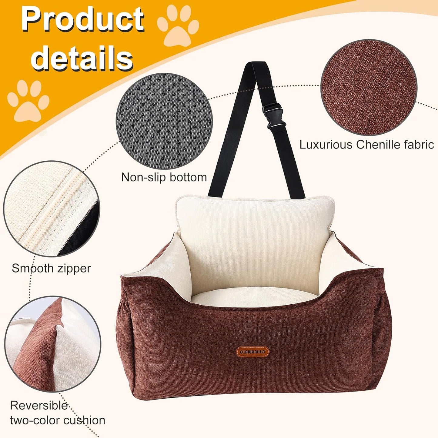 Dog Car Seat for Small Dogs Under 25Lbs, Portable Comfy Safe Puppy Car Seat Travel Bed with Storage Pockets, Fully Detachable Washable Dog Booster Carseats for Front & Back Seats, Brown