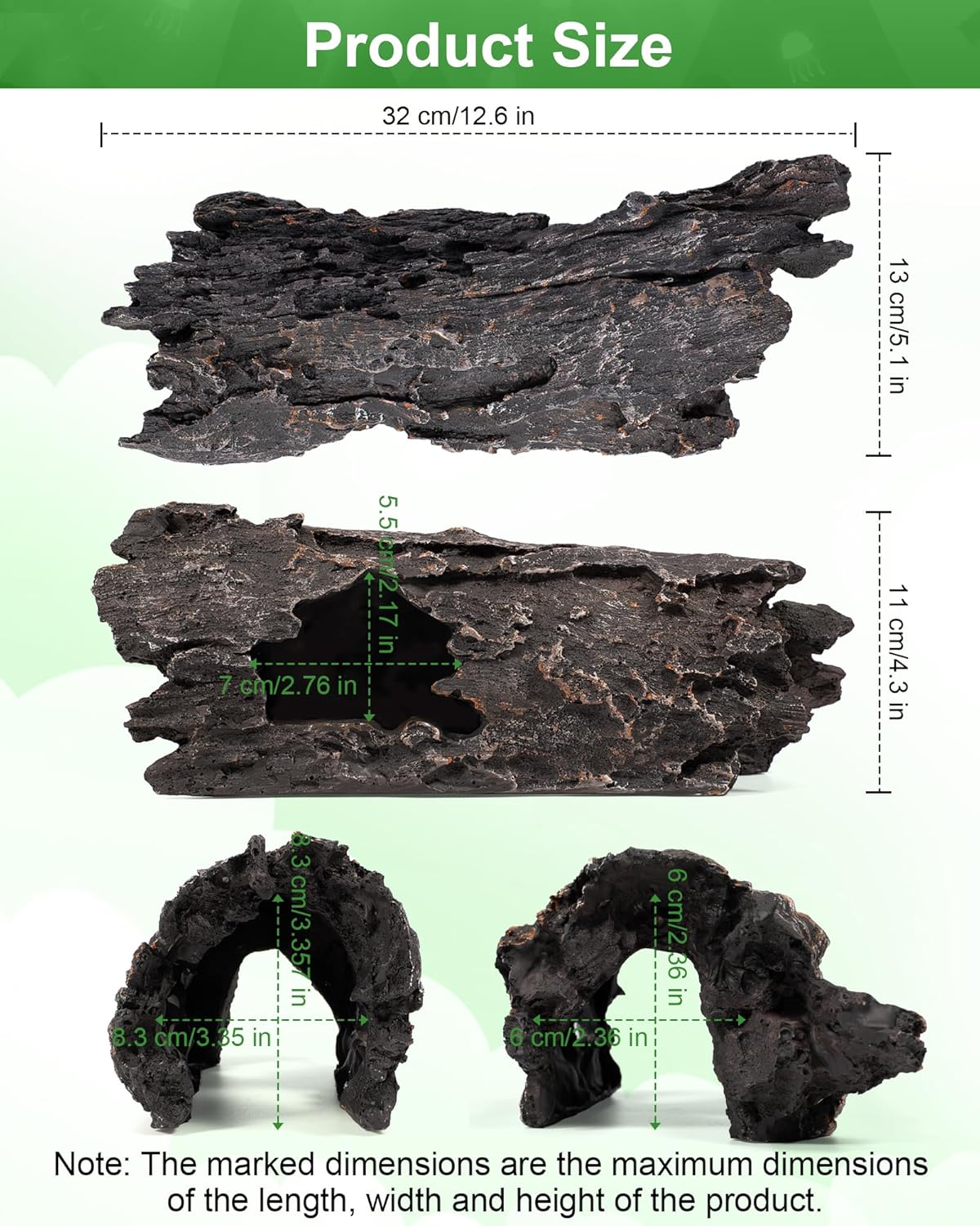 TRUVIC Reptile Habitat Decor Kit: Resin Tree Trunk Reptile Hide & Dual Feeding Dish Set