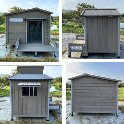Weatherproof Dog House Outdoor Wooden Chew-Proof Iron Frame, Removable Floor and Adjustable Window for Small Medium Some Large Dogs(Gray, 40" L x 40" W x 35" H)