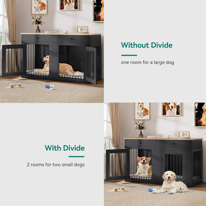 YITAHOME 60" Double Wooden Dog Crate Furniture with Removable Divider & Storage Drawers, 2 Doors Kennel with Locks for Medium & Large Dogs, Multi-Functional Dog Crate End Table for Indoor use, Black