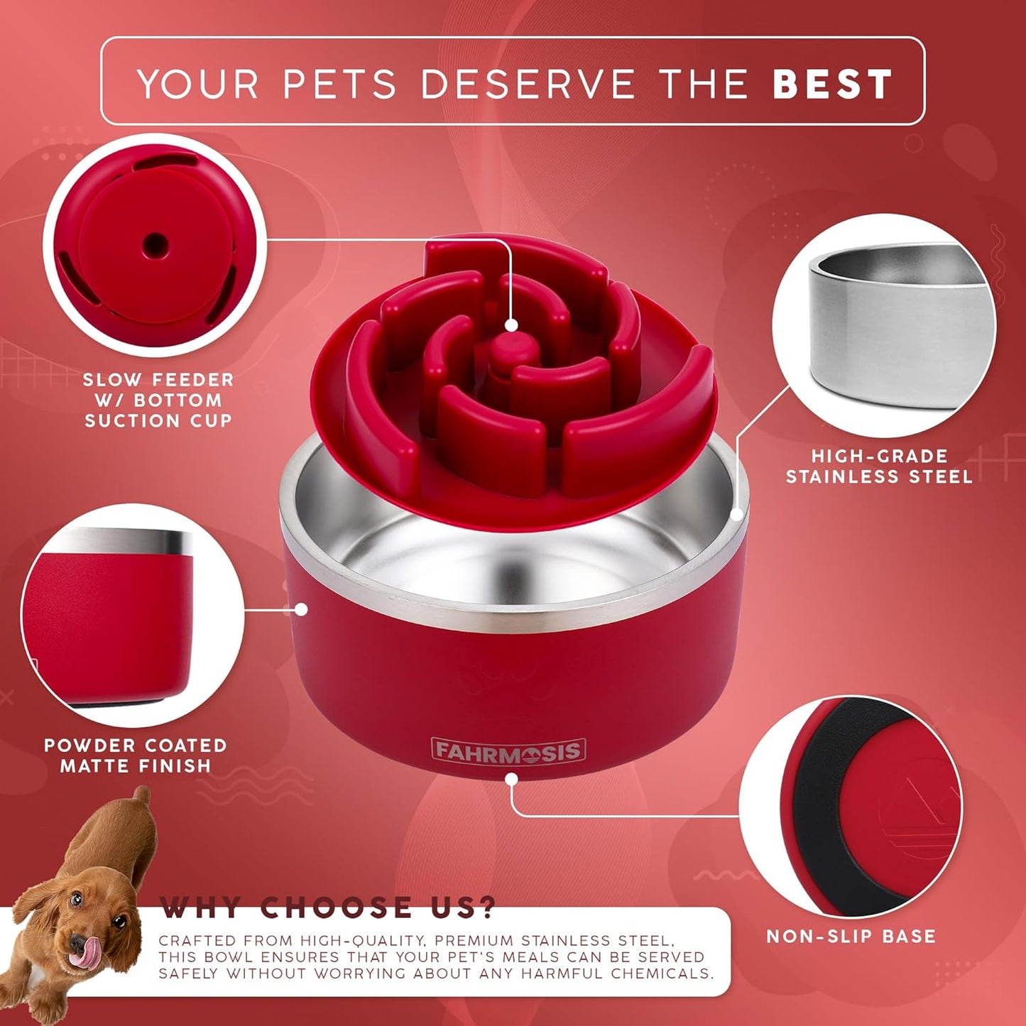 64 OZ Dog Bowl with Slow Feeder Insert Stainless Steel Pet Water Bowl for Medium & Large Breed Non Slip Rubber Base & Plastic Puzzle Feeder - Red