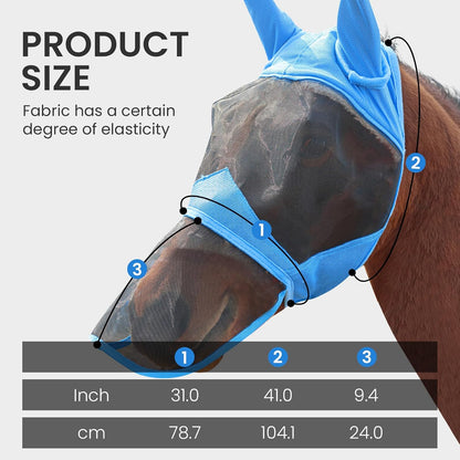Fly Masks for Horses with Ears and Nose Cover Large Eye Space, Adjustable Horse Fly Mask for Daily UV Protection Breathable Comfort Fit Riding & Competition(Blue, L)