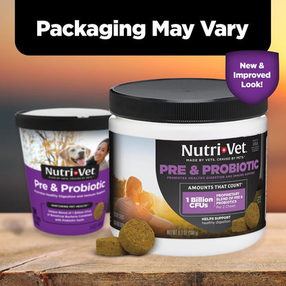 Nutri-Vet Pre & Probiotics for Dogs, Digestive Support, Upset Stomach, Puppy Probiotic, Pet Vitamins and Supplements, Dog Probiotics, Liver & Cheese Flavor, 120 Soft Chews