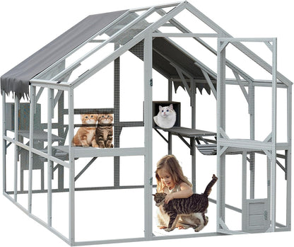 110'' Large Catio Outdoor Cat Enclosure,2 in 1 Cat Enclosure & Walk in Large Chicken Coop, Pet Cage Playpen with Weatherproof Roof, Multiple Platforms, Bouncy Bridges & Resting Houses White-1