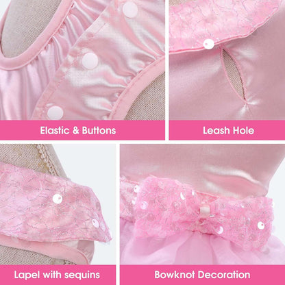 ASENKU Dog Dress, Dog Wedding Dress Skirt with Detachable Hemline, Princess Lace Puppy Christmas Birthday Party Outfit Formal Costume with Sequins Bow for Medium Large Dogs (Pink, Large)