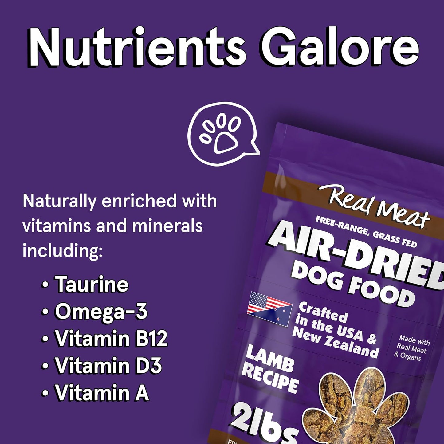 Real Meat Air Dried Dog Food w/ Real Lamb - 2lb Bag of USA-Crafted Grain-Free Real Meat Dog Food Sourced from Hormone-Free, Free-Range, Grass-Fed Lamb - Digestible, All Natural, High Protein Dog Food