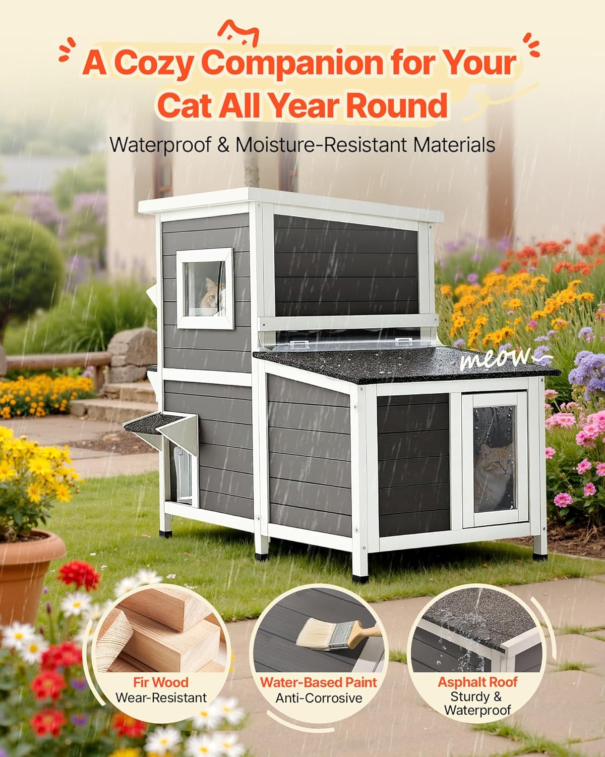 VEVOR Outdoor Cat House, 2-Story Wooden Cat Shelter for 3 Outside Cats in Winter, Elevated Feral Kitty Shelter with Stairs, Clear Window & Flap Doors, Waterproof Cats Condos for Garden 42 × 25 × 34 in
