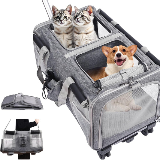 Large Cat Carrier with Wheels – Double-Compartment Foldable Pet Dog Carrier with Wheels for Multi Pets – Soft Rolling Backpack with Detachable Divider, Water Pocket, for Travel Camping Hiking