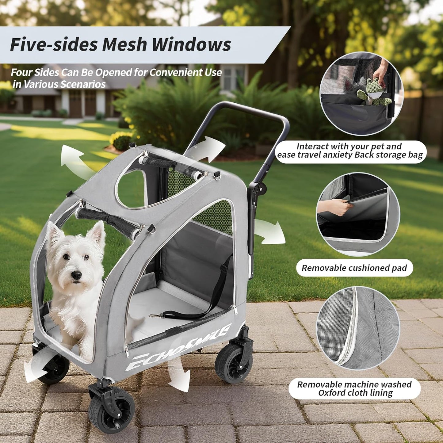 EchoSmile 4 Wheels Pet Stroller, Foldable Dog & Cat Stroller for All-Season, Lightweight Carrier with Storage Basket, Adjustable Handle, Removable Pad, Breathable Mesh, Up to 135 lbs, Grey
