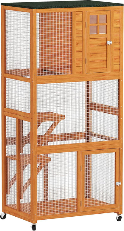 PawHut 74" Wooden Catio Outdoor Cat Enclosure Weatherproof & Wheeled, Outside Cat House with High Weight Capacity, Kitten Cage Condo, Orange