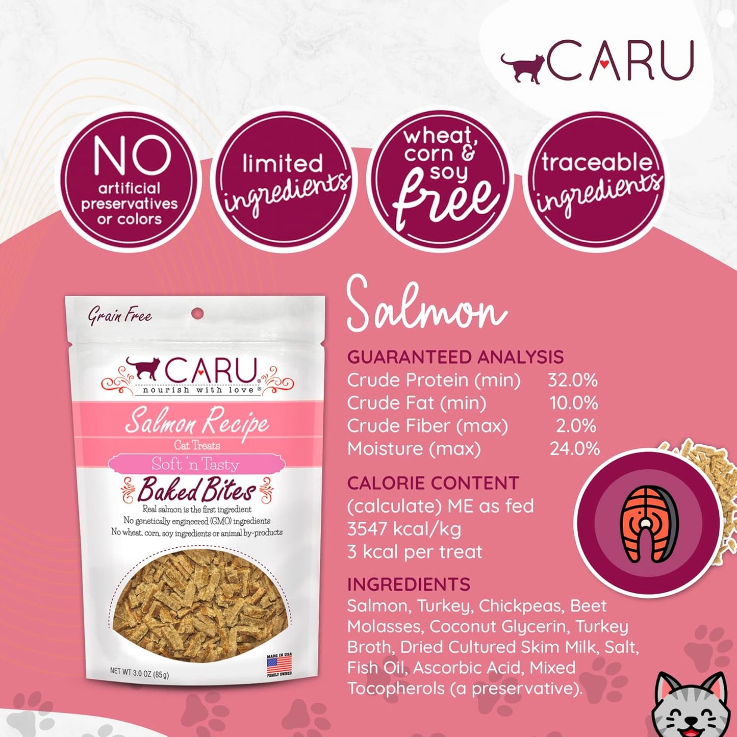 Caru - Soft ‘n Tasty Baked Bites - Salmon Bites Cat Treats - Flavorful All-Natural Treats - 3 oz. (Pack of 2)