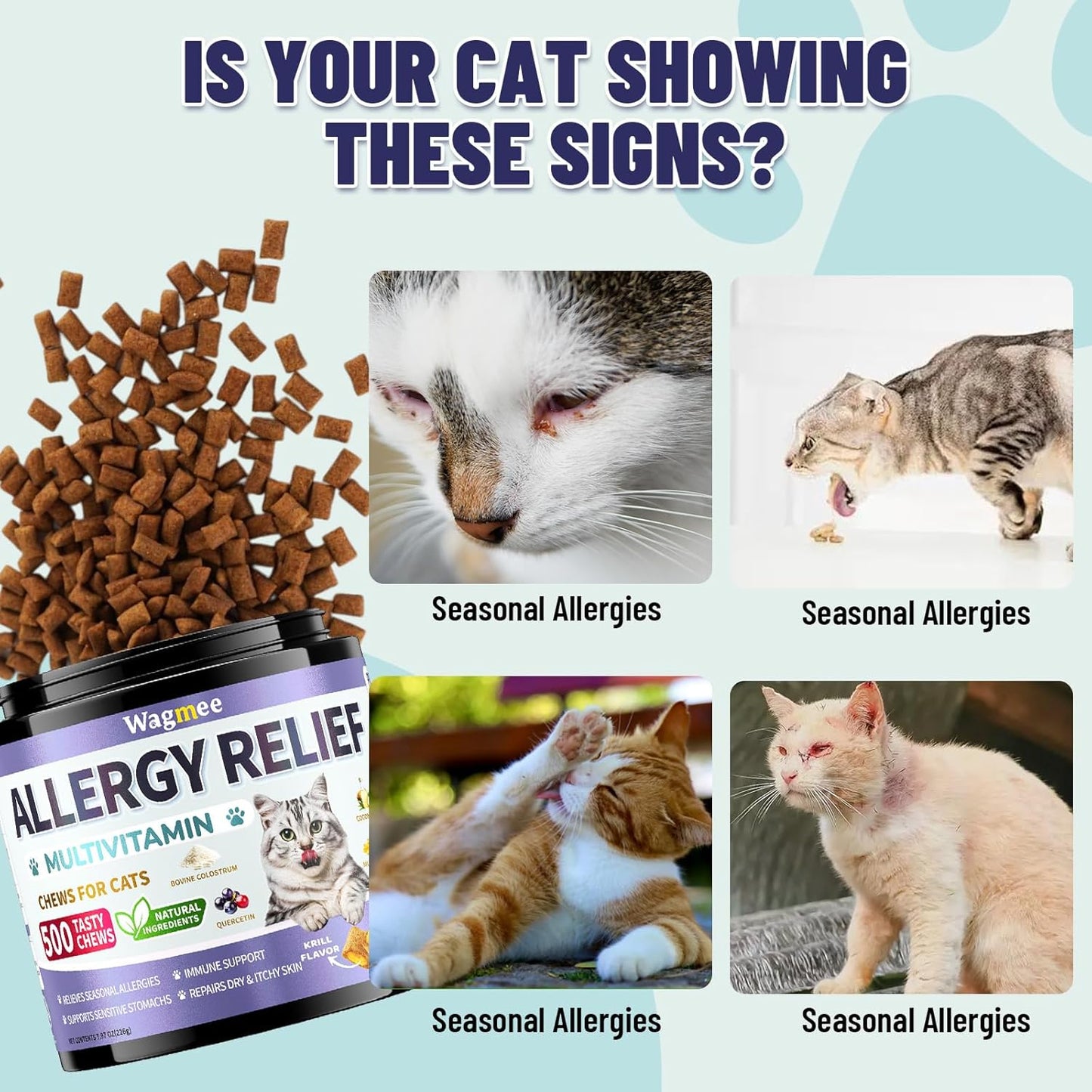 Cat Allergy Relief Chews – 500 Crunchy & Creamy Treats for All Breeds – Cat Itchy Skin & Seasonal Allergy Relief with Multivitamin and Omega-3 for Skin Health, Chicken & Krill Flavor