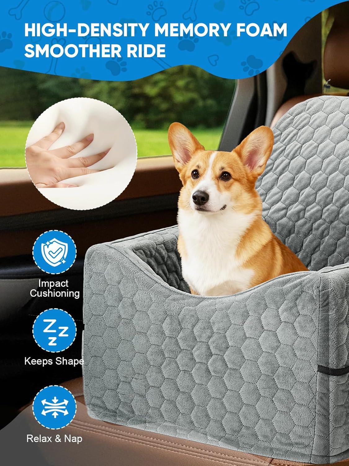 Dog Car Seat for Small/Medium Pets, Adjustable Booster Seat with Safety Leash, Washable Cover & Storage Pockets (Up to 35 lbs, Gray)