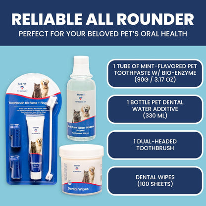 RAD PET - Advanced Pet Dental Hygiene Kit, Vet-Formulated Cat & Dog Tooth Brushing Kit, Complete Oral Care with Cat/Dog Toothbrush and Toothpaste (Enzymatic), Pet Dental Wipes & Water Additive