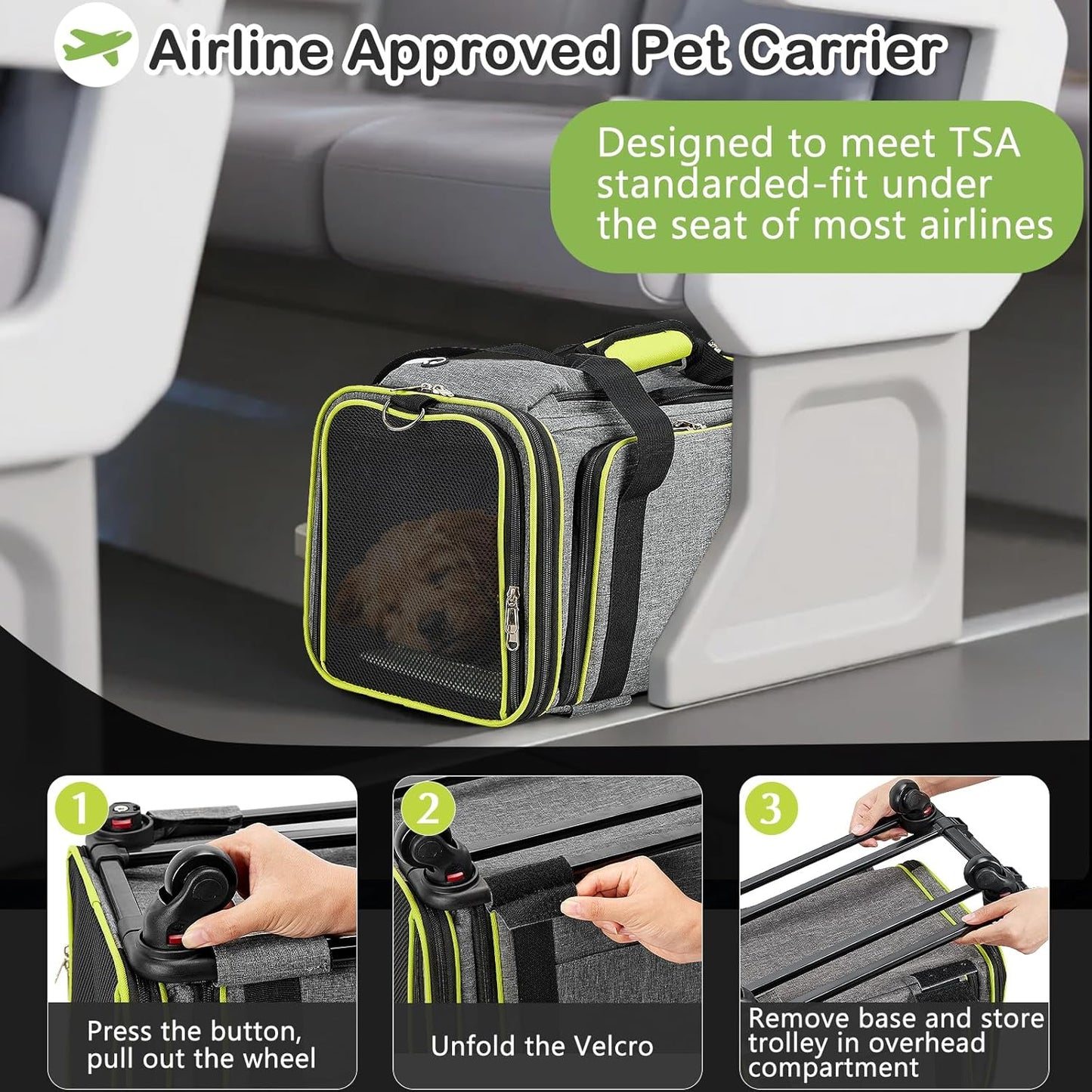 Cat Carrier with Wheels Under 18 lbs, Rolling Pet Carrier TSA Airline Approved for Kitty and Small Dog, Cat Bag Carrier,Expandable Soft Sided Pet Carrier for Travel, Camping and Trip