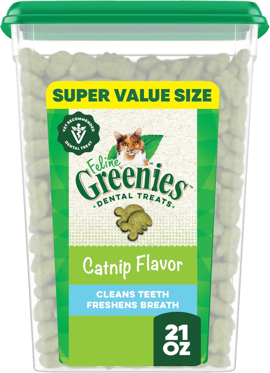Greenies Feline Veterinarian-Recommended Adult Natural Dental Cat Treats, Catnip Flavor, 21 oz. Tub
