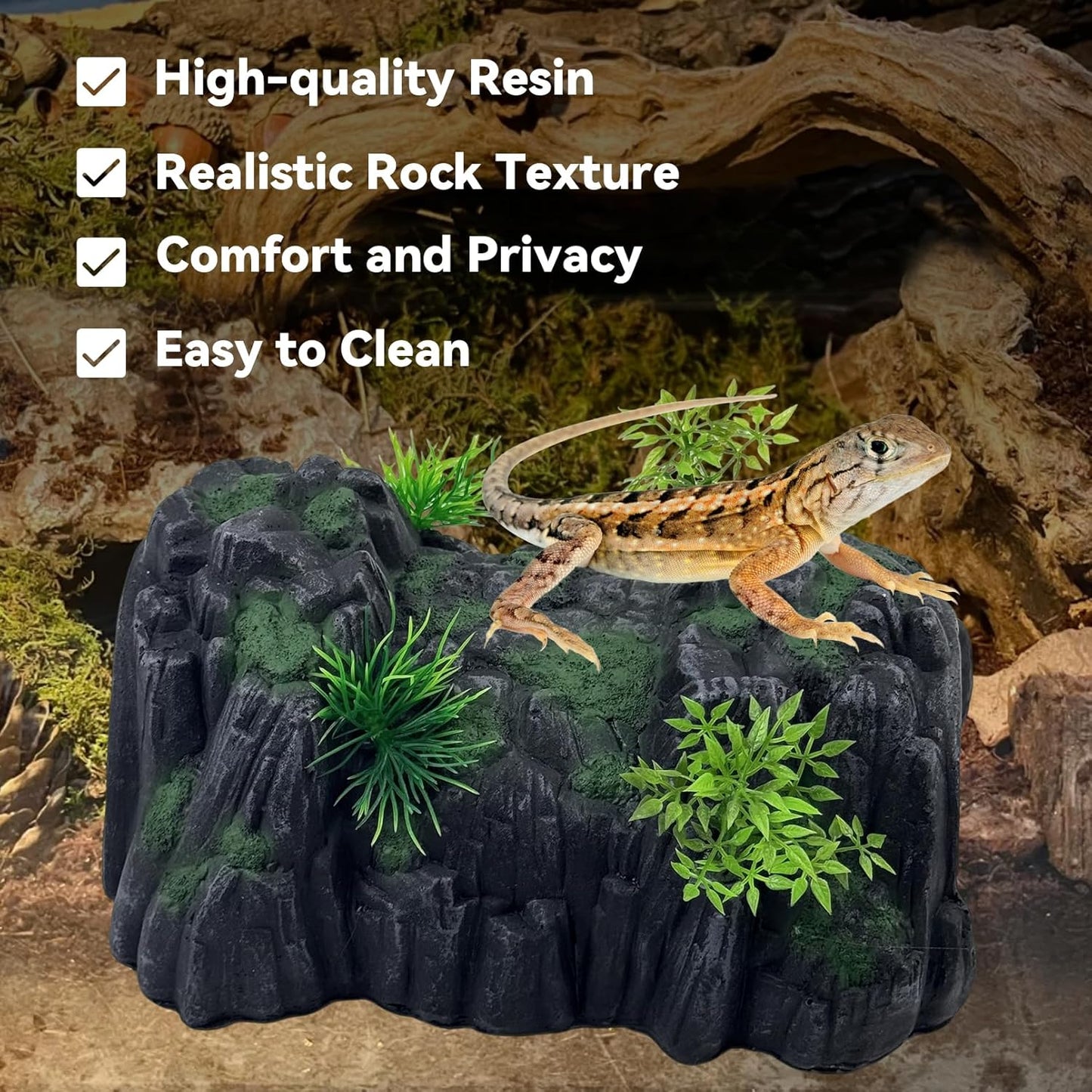 PINVNBY Reptile Rock Hide Cave,Resin Crested Gecko Hideout Caves Lizard Hideaway Bridge Terrarium Habitat Decor for Lizard Snake Turtle