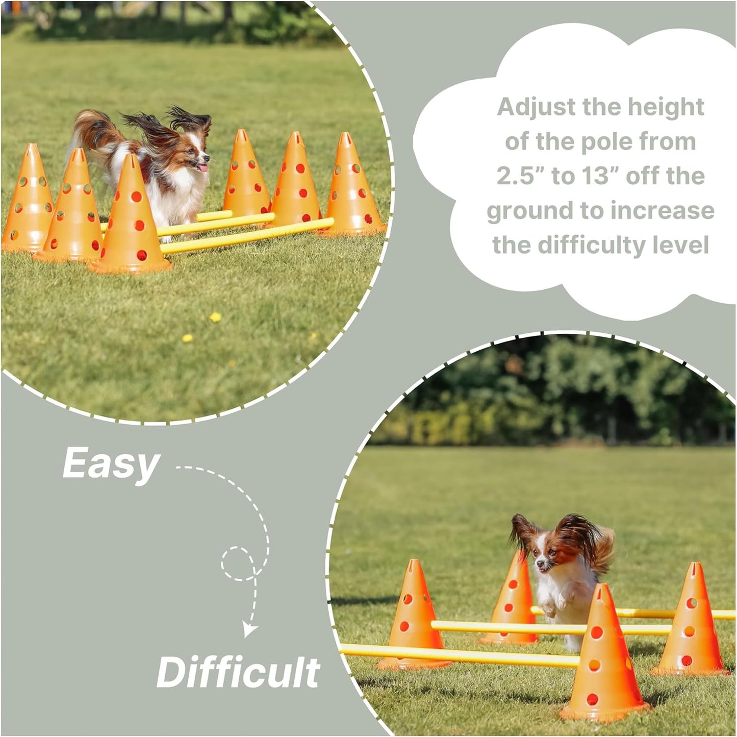 TRIXIE Dog Agility Hurdle Cone Set – Dog Agility Set with Height Adjustable Crossbar for Beginners & Advanced, Dog Agility Equipment for Dog Obstacle Courses – 6 x Cones, 3 x Agility Rods