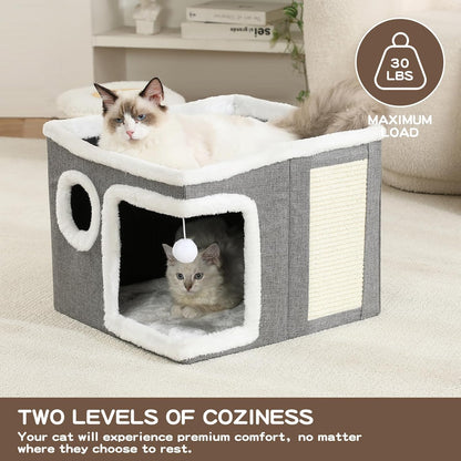 Cat Houses for Indoor Cats - Large Cat Bed Cave with Scratch Pad and Fluffy Ball, Foldable Cat Hideaway, Kitten Bed with Cozy Condo, 16.5x16.5x13 inches, Grey (Grey, Large)