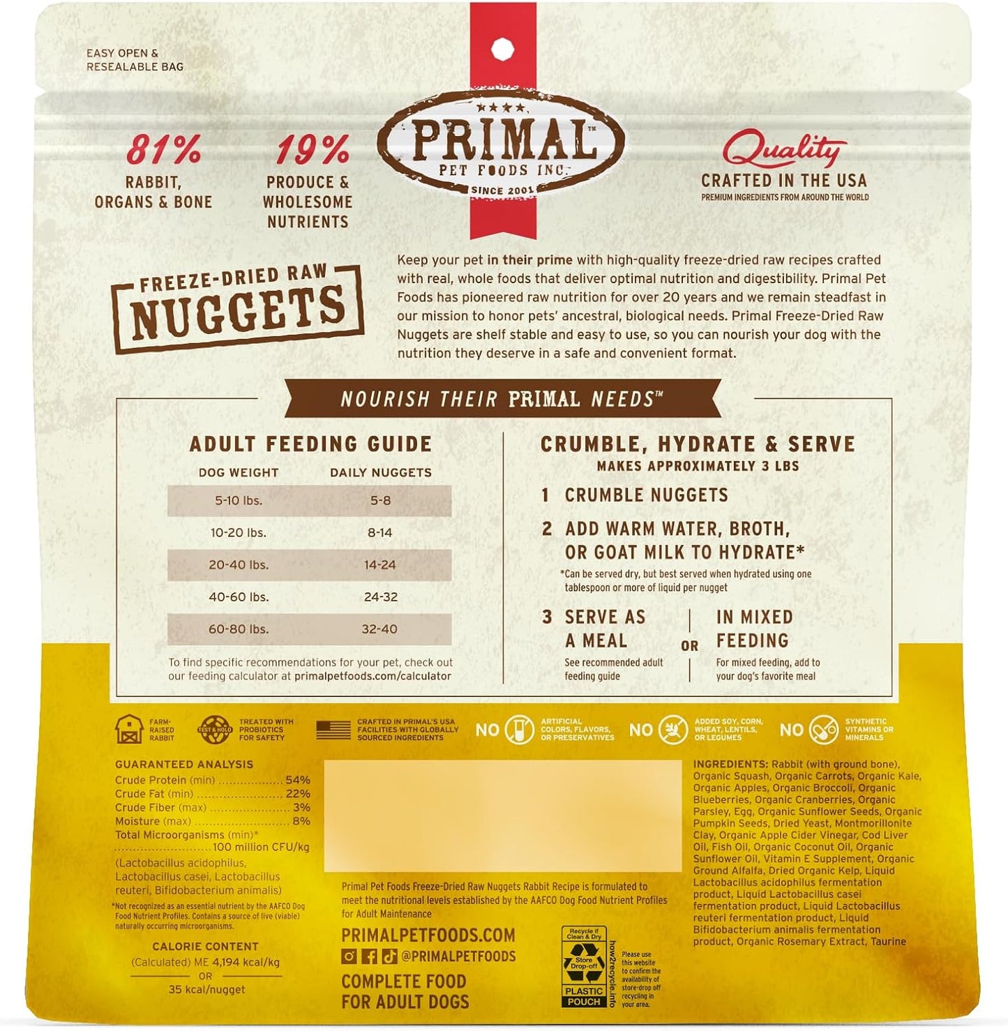 Primal Freeze Dried Raw Dog Food Nuggets, Rabbit, Complete & Balanced Meal, Also Use as Topper or Treat, Premium, Healthy, Grain Free, High Protein Raw Dog Food, 14 oz