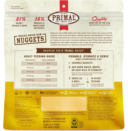 Primal Freeze Dried Raw Dog Food Nuggets, Rabbit, Complete & Balanced Meal, Also Use as Topper or Treat, Premium, Healthy, Grain Free, High Protein Raw Dog Food, 14 oz