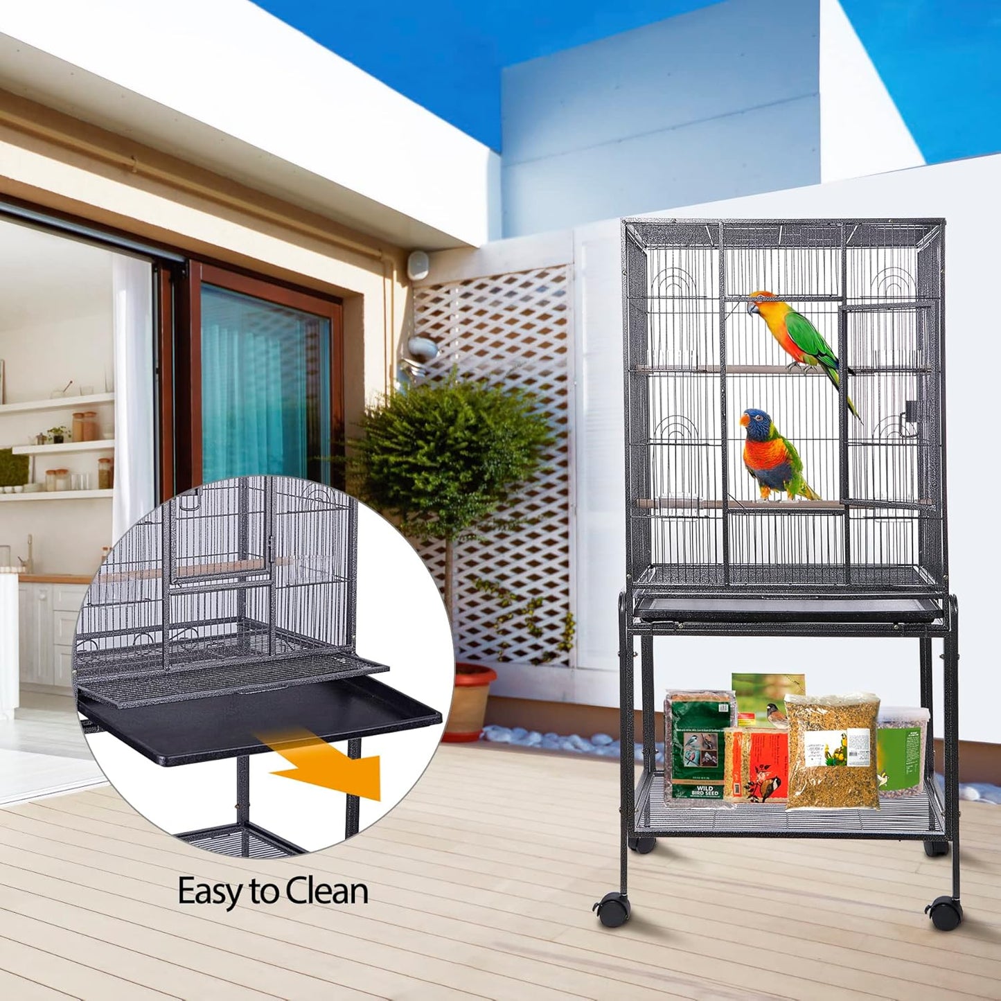 HSM 53 Inch Wrought Iron Large Bird Flight Cage with Rolling Stand for African Grey Parrot Cockatiel Sun Parakeet Conure Lovebird Canary