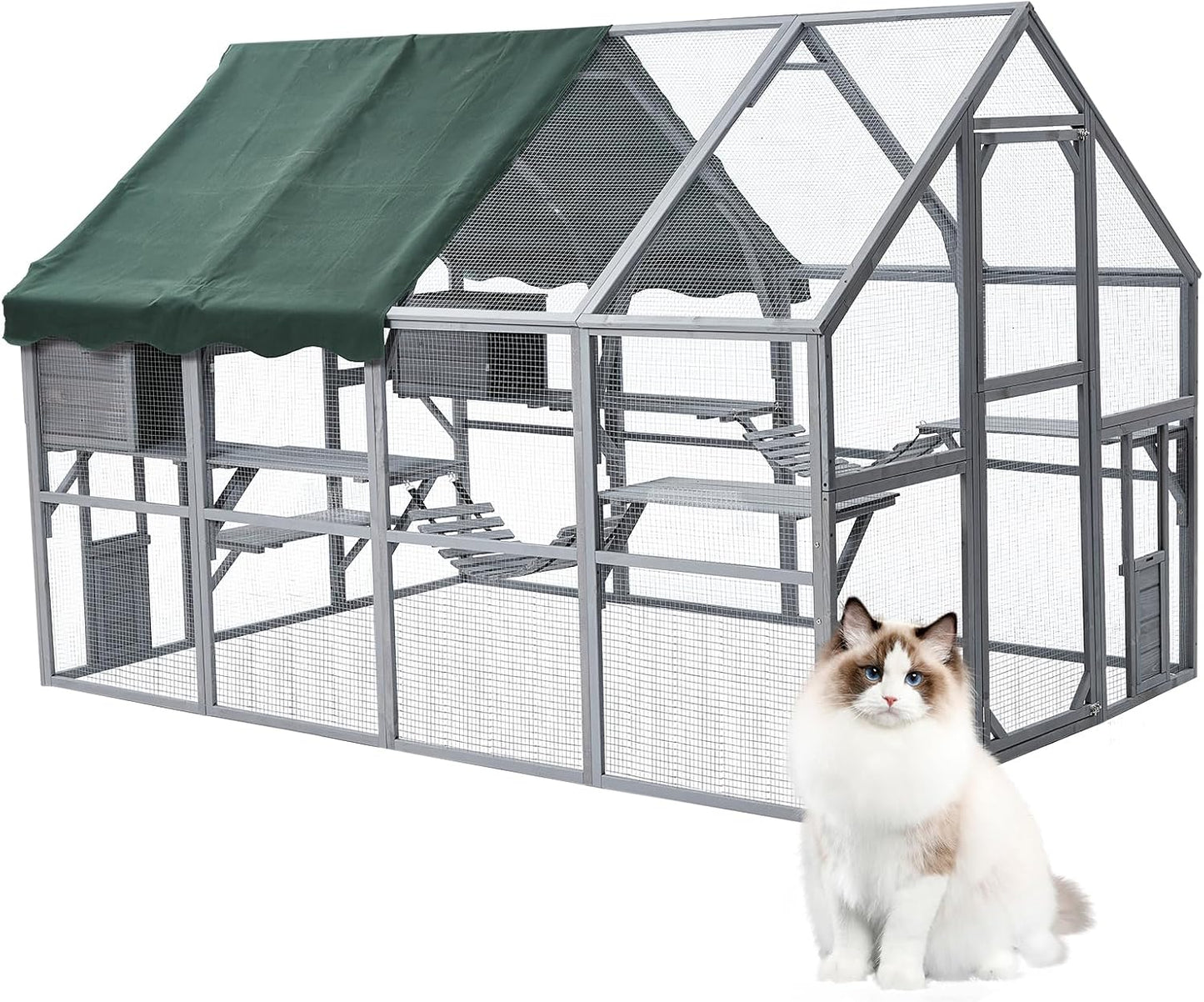 Extra Large Cat Enclosure,110 Inch Large Catio with Waterproof Roof, Pet Habitat for 57 FT² Space, Outdoor Pet House with 7 Platforms,2 Resting Box and 2 Bridges, for Kitty, Rabbit, Poultry Use