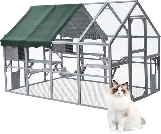 Extra Large Cat Enclosure,110 Inch Large Catio with Waterproof Roof, Pet Habitat for 57 FT² Space, Outdoor Pet House with 7 Platforms,2 Resting Box and 2 Bridges, for Kitty, Rabbit, Poultry Use